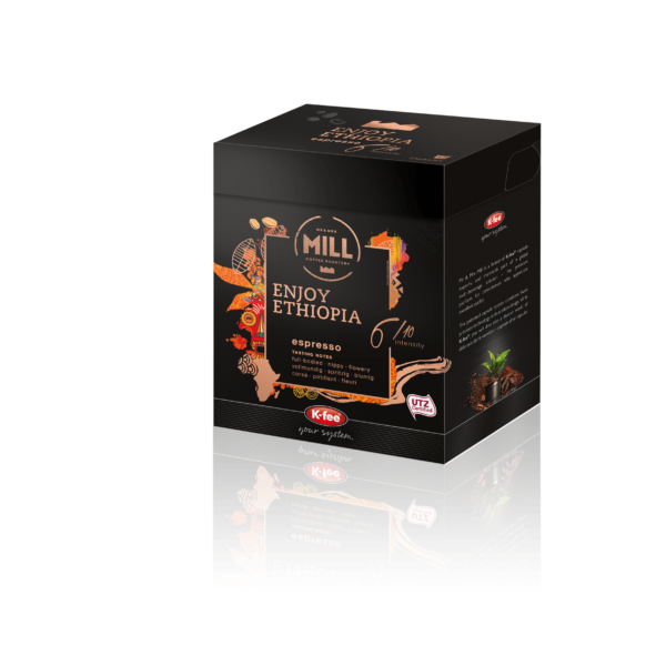 box of Kfee Mr and Mrs Mills enjoy Ethiopia espresso coffee pod