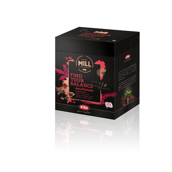 box of Kfee Mr and Mrs Mills find your balance decaffeinated coffee pods