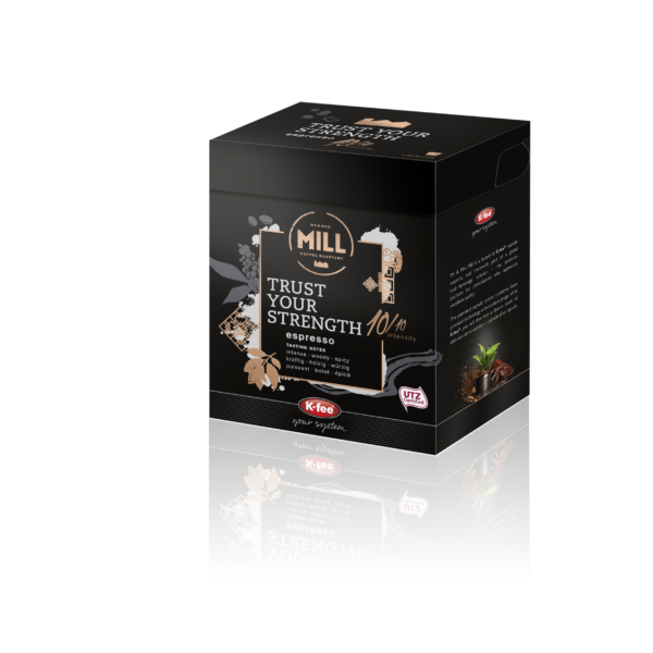 box of Kfee Mr and Mrs Mills trust your strength espresso coffee pod