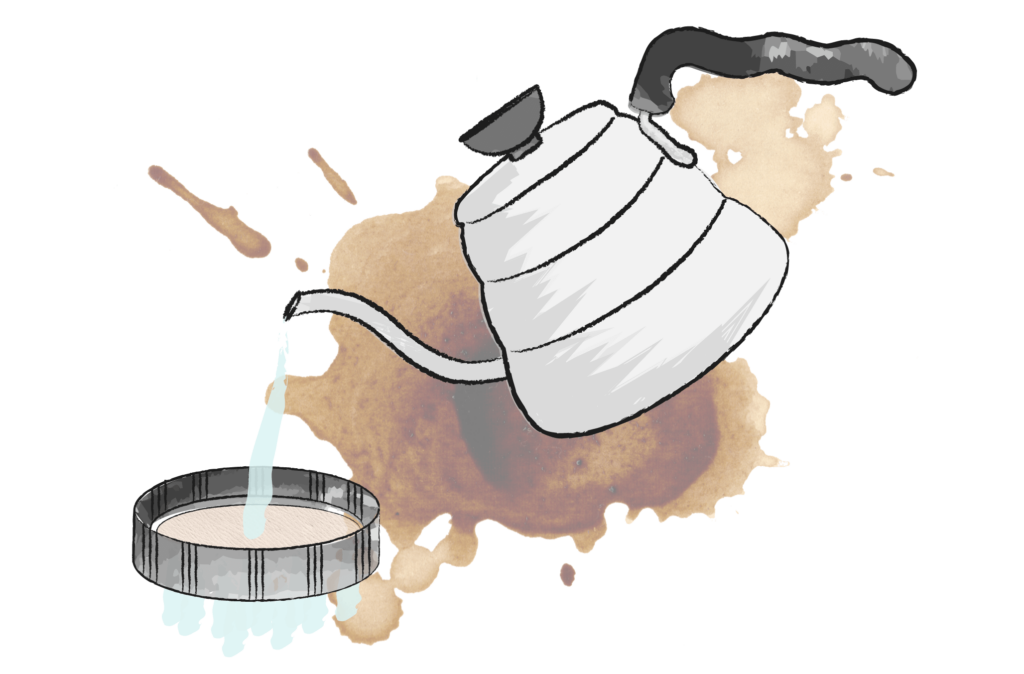 illustration of kettle pouring hot water over an areopress filter