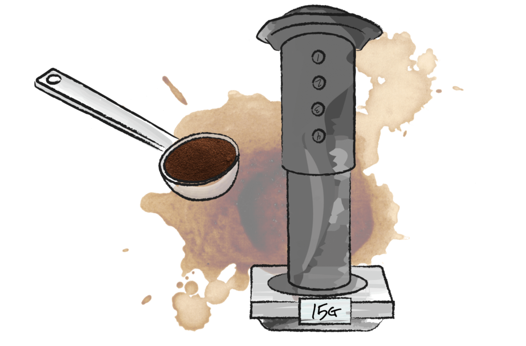 illustration of an areopress coffee maker on a set of scales with coffee being spooned in