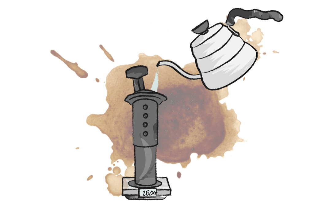 illustration of hot water being poured from kettle into an areopress coffee maker