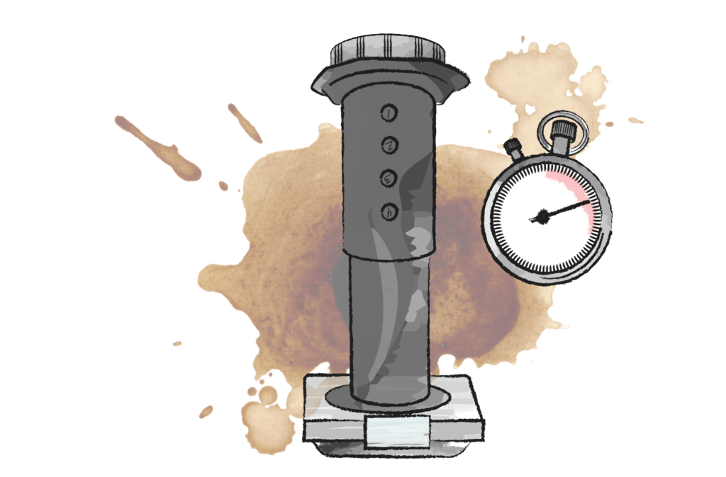 illustration of an areopress coffee maker on a set of scales with a stopwatch in the background