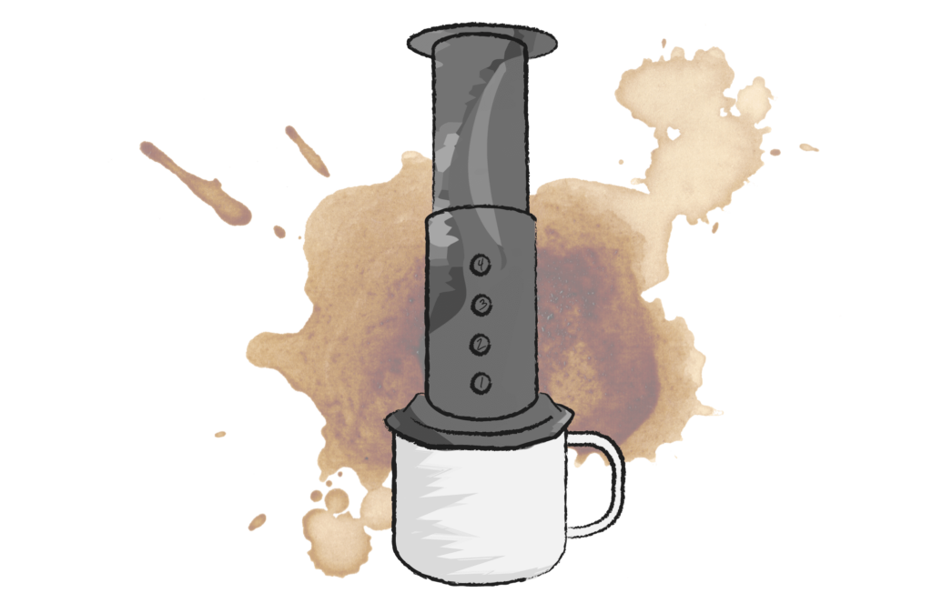 illustration of an areopress coffee maker on top of a mug