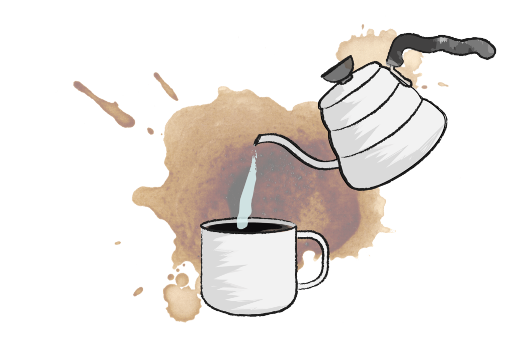 illustration of kettle pouring hot water into a mug of coffee