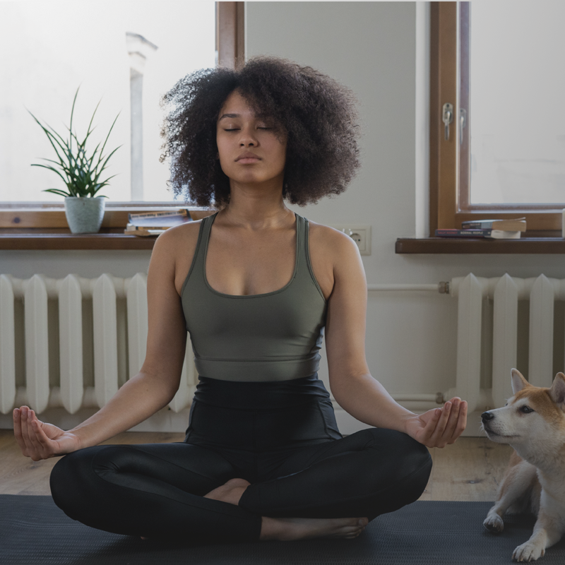 Lady practicing yoga with pet dog